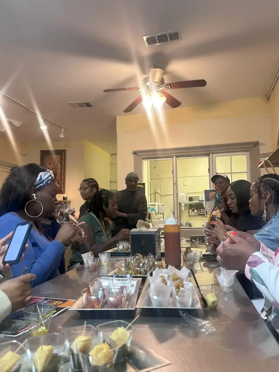 Guests sharing lunch at a partner restaurant